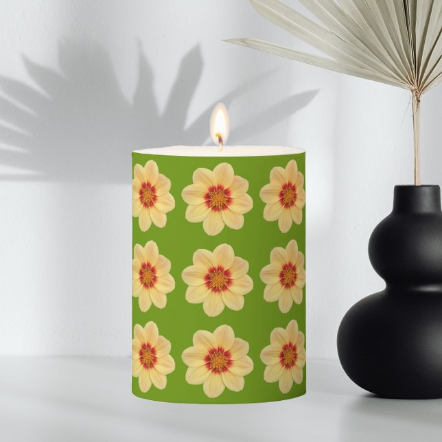 Yellow Dahlia Floral Pattern on Green Pillar Candle (In Situ Vase)