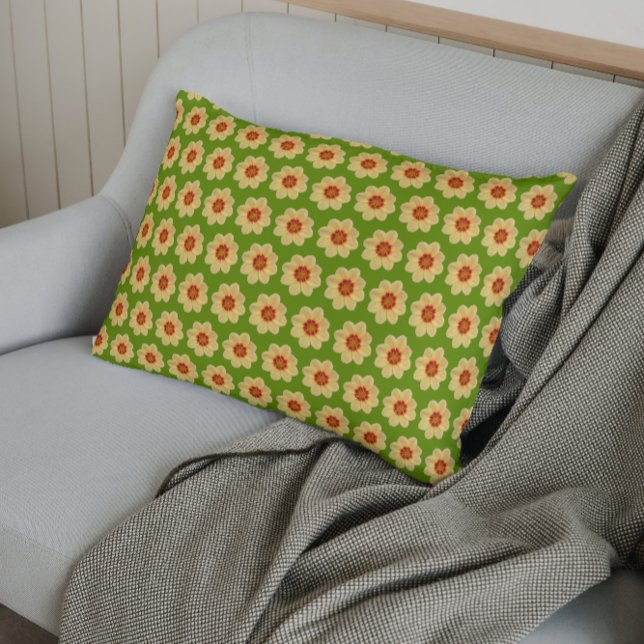 Yellow Dahlia Floral Pattern on Green Pillow Case (In Situ)