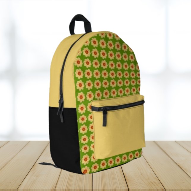 Yellow Dahlia Floral Pattern on Green Printed Backpack (In Situ Angled)