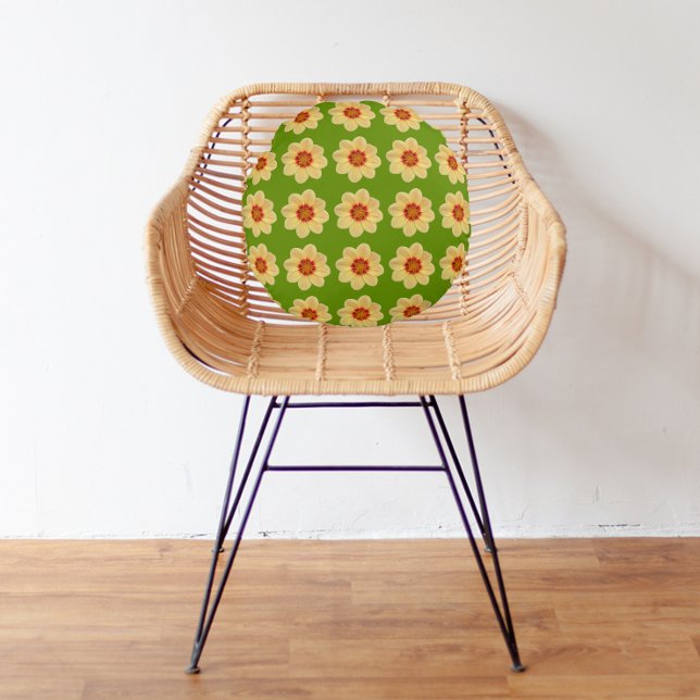 Yellow Dahlia Floral Pattern on Green Round Pillow (In Situ)