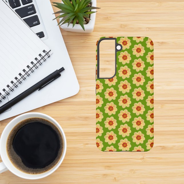 Yellow Dahlia Floral Pattern on Green Samsung Galaxy Case (In Situ)