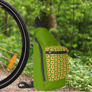 Yellow Dahlia Floral Pattern on Green Sling Bag