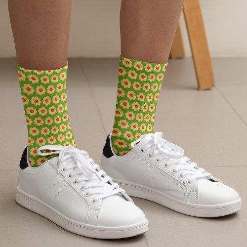 Yellow Dahlia Floral Pattern on Green Socks