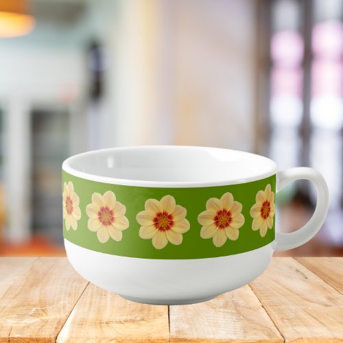 Yellow Dahlia Floral Pattern on Green Soup Mug