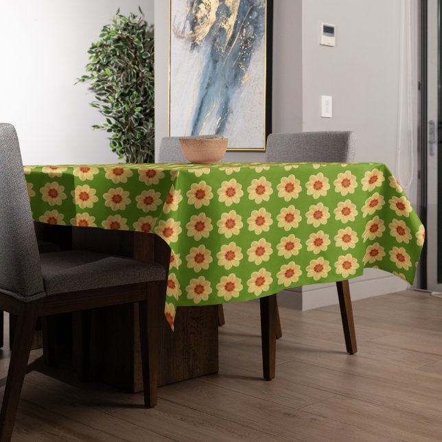 Yellow Dahlia Floral Pattern on Green Tablecloth (In Situ Table)