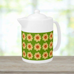 Yellow Dahlia Floral Pattern on Green Teapot