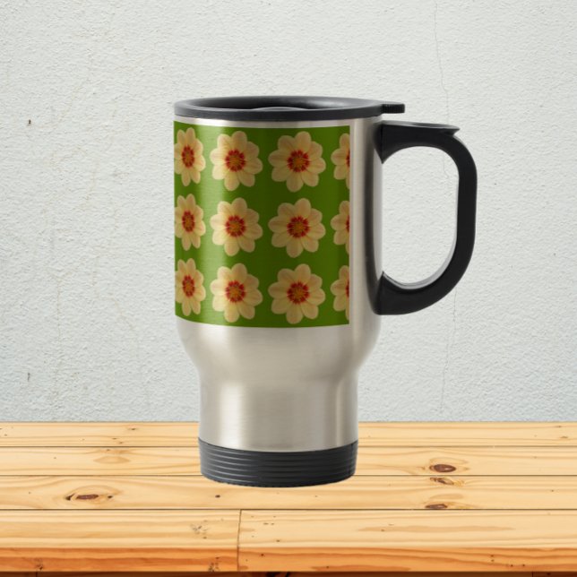 Yellow Dahlia Floral Pattern on Green Travel Mug (In Situ)