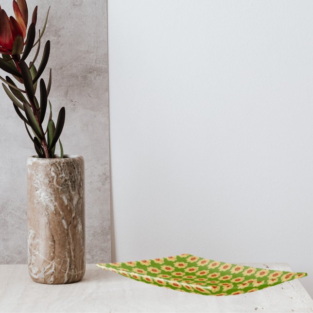 Yellow Dahlia Floral Pattern on Green Trinket Tray (In Situ)