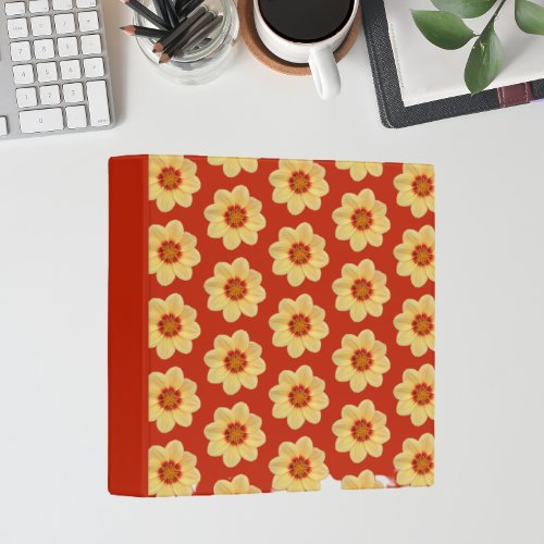 Yellow Dahlia Floral Pattern on Red 3 Ring Binder