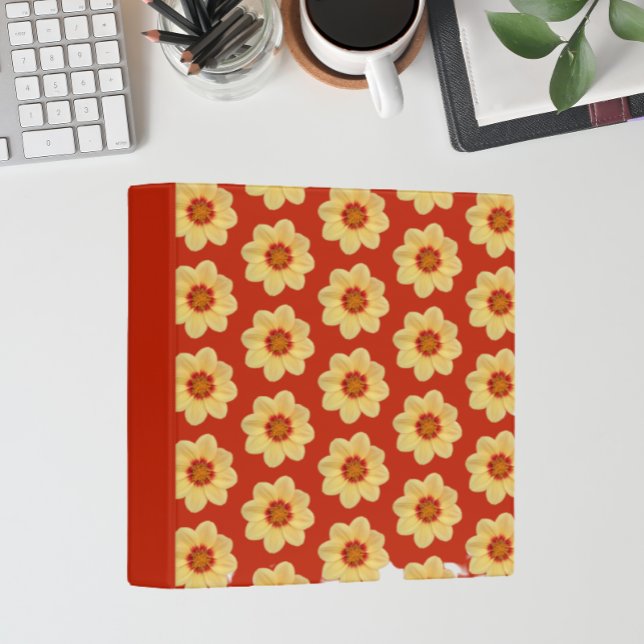 Yellow Dahlia Floral Pattern on Red 3 Ring Binder (In Situ Office)