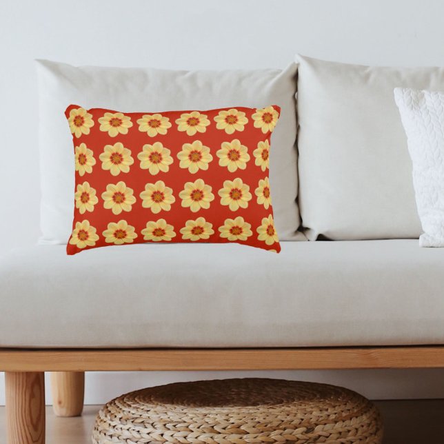 Yellow Dahlia Floral Pattern on Red Accent Pillow (In Situ)