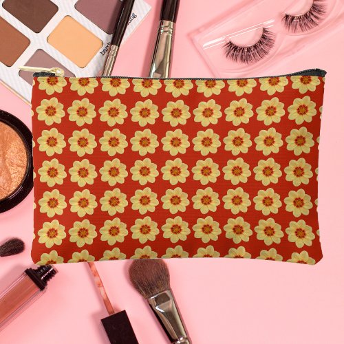 Yellow Dahlia Floral Pattern on Red Accessory Pouch