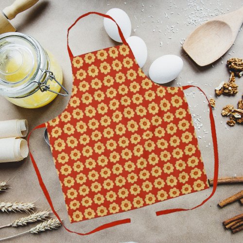 Yellow Dahlia Floral Pattern on Red Apron