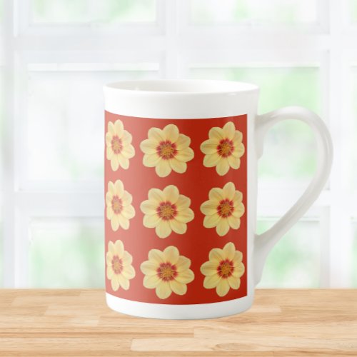 Yellow Dahlia Floral Pattern on Red Bone China Mug