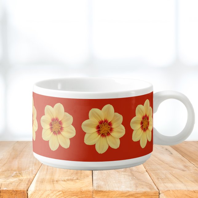 Yellow Dahlia Floral Pattern on Red Bowl (In Situ)