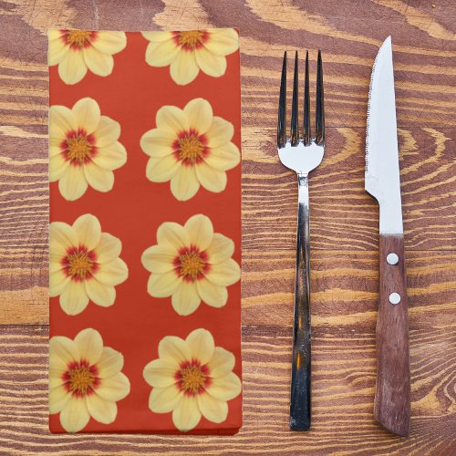 Yellow Dahlia Floral Pattern on Red Cloth Napkin