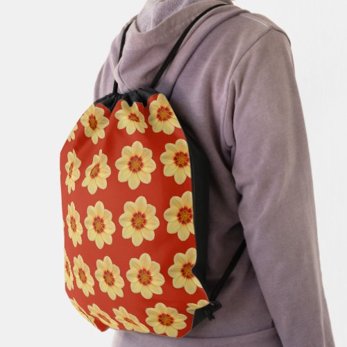 Yellow Dahlia Floral Pattern on Red Drawstring Bag