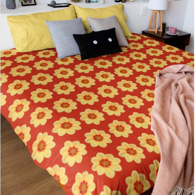Yellow Dahlia Floral Pattern on Red Duvet Cover (In Situ)