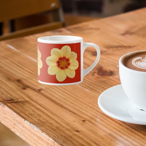 Yellow Dahlia Floral Pattern on Red Espresso Cup