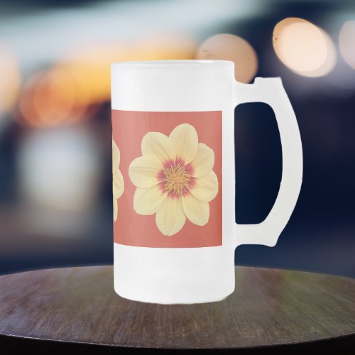 Yellow Dahlia Floral Pattern on Red Frosted Glass Beer Mug