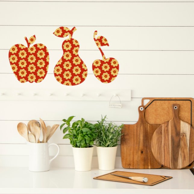 Yellow Dahlia Floral Pattern on Red Fruit Shaped Wall Decal (In Situ Kitchen)