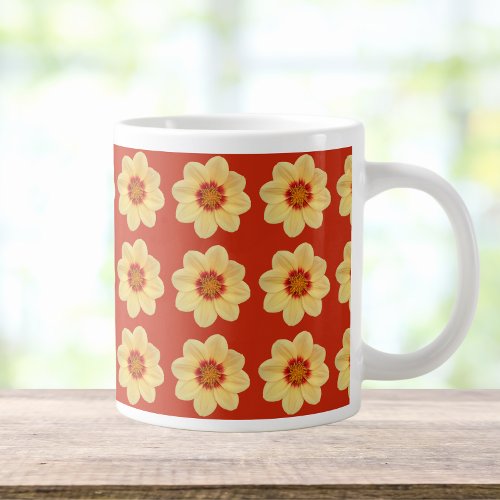 Yellow Dahlia Floral Pattern on Red Giant Coffee Mug