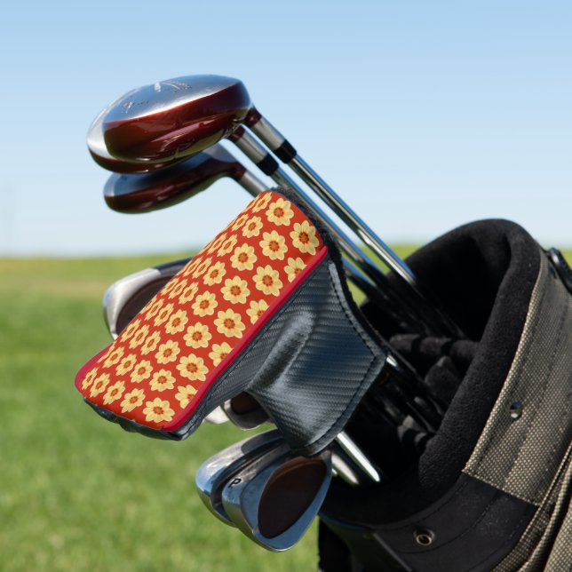Yellow Dahlia Floral Pattern on Red Golf Head Cover (In Situ)