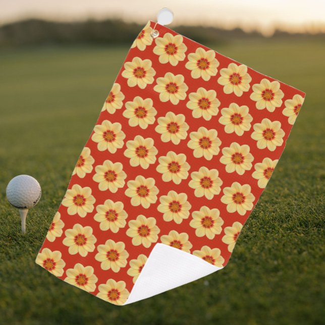 Yellow Dahlia Floral Pattern on Red Golf Towel (In Situ Golf)