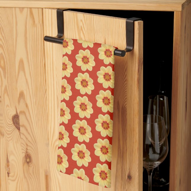 Yellow Dahlia Floral Pattern on Red Kitchen Towel (Thirds Fold)