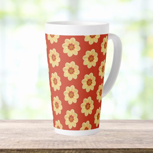 Yellow Dahlia Floral Pattern on Red Latte Mug