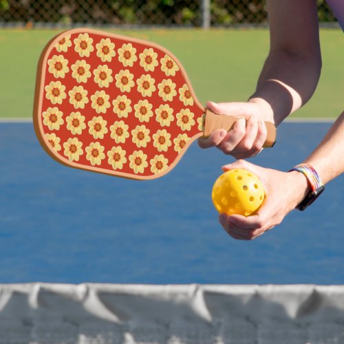 Yellow Dahlia Floral Pattern on Red Pickleball Paddle