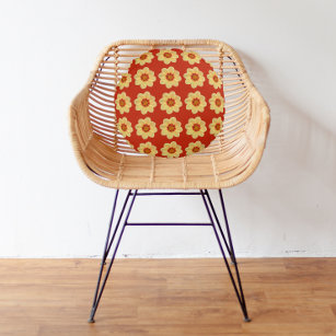 Yellow Dahlia Floral Pattern on Red Round Pillow