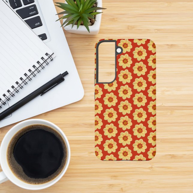 Yellow Dahlia Floral Pattern on Red Samsung Galaxy Case (In Situ)