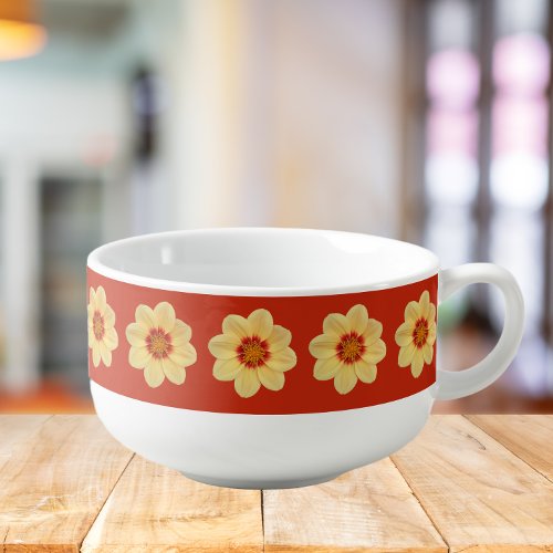 Yellow Dahlia Floral Pattern on Red Soup Mug