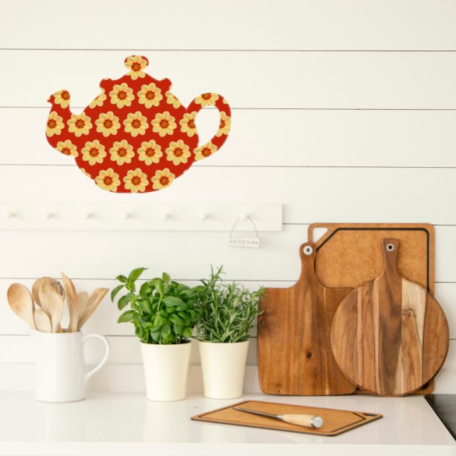 Yellow Dahlia Floral Pattern on Red Tea Pot Wall Decal (In Situ Kitchen)