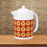 Yellow Dahlia Floral Pattern on Red Teapot<br><div class="desc">White ceramic teapot with lid that features the photo image of a yellow Dahlia flower on a red background and printed in a repeating pattern. A fun,  floral design!</div>