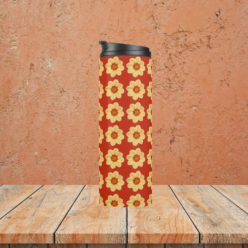 Yellow Dahlia Floral Pattern on Red Thermal Tumbler