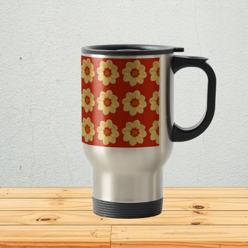 Yellow Dahlia Floral Pattern on Red Travel Mug