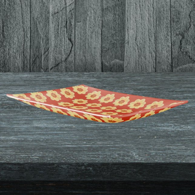 Yellow Dahlia Floral Pattern on Red Trinket Tray (In Situ)