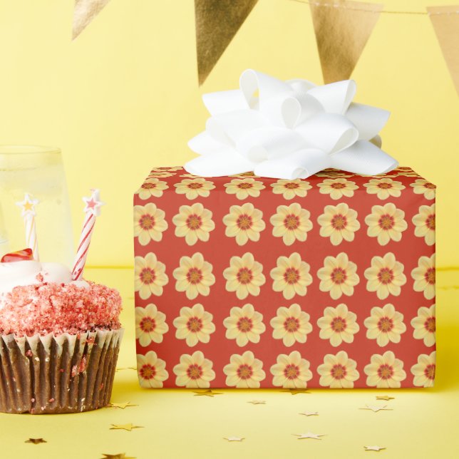Yellow Dahlia Floral Pattern on Red Wrapping Paper (Birthday Party)