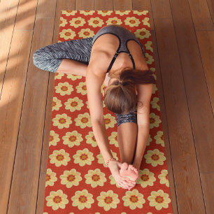 Yellow Dahlia Floral Pattern on Red Yoga Mat