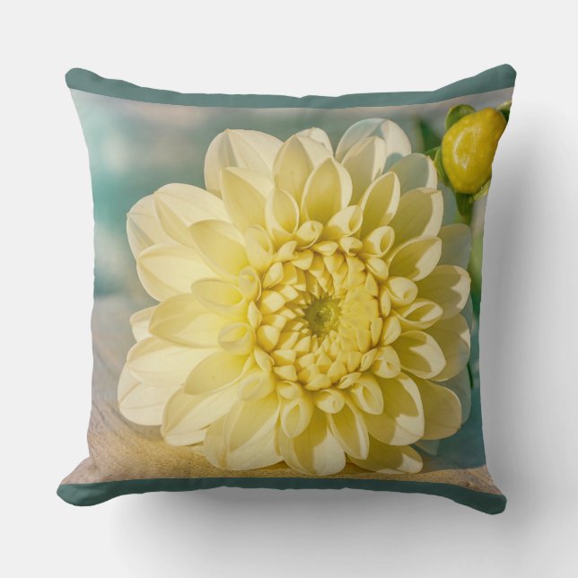 Yellow Dahlia Flower on Dark Teal Background  Throw Pillow (Front)