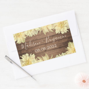 Yellow Dahlia Flower Rustic Wood Wedding Date Rectangular Sticker