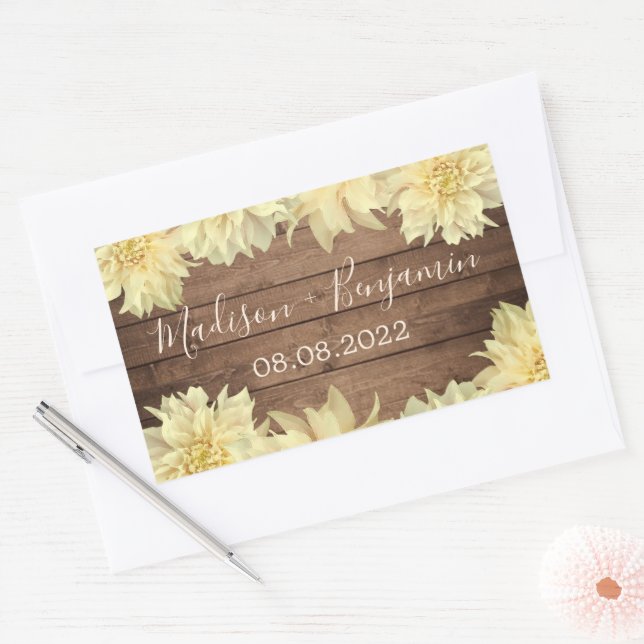 Yellow Dahlia Flower Rustic Wood Wedding Date Rectangular Sticker (Envelope)