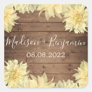 Yellow Dahlia Flower Rustic Wood Wedding Date Square Sticker