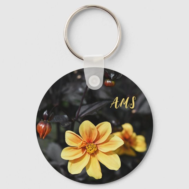 Yellow Dahlia Flowers Wisley Gardens Monogram Keychain (Front)