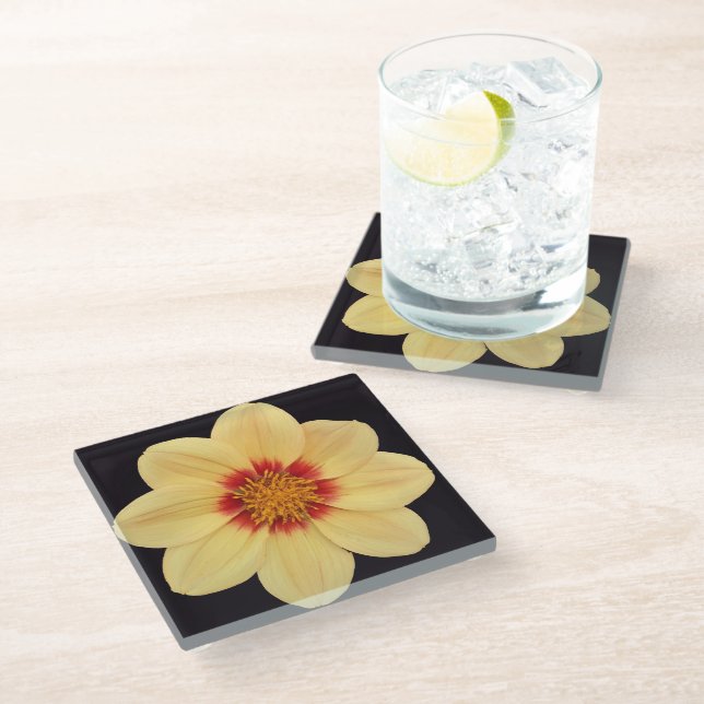 Yellow Dahlia on Black Floral Glass Coaster (Angled)