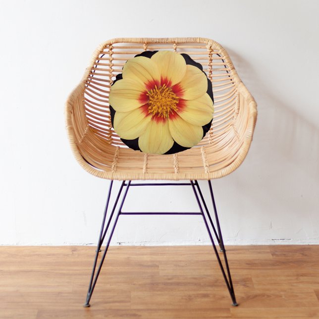 Yellow Dahlia on Black Floral Round Pillow (In Situ)