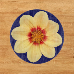 Yellow Dahlia on Blue Floral Cutting Board