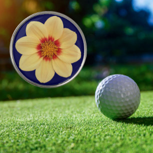 Yellow Dahlia on Blue Floral Golf Ball Marker